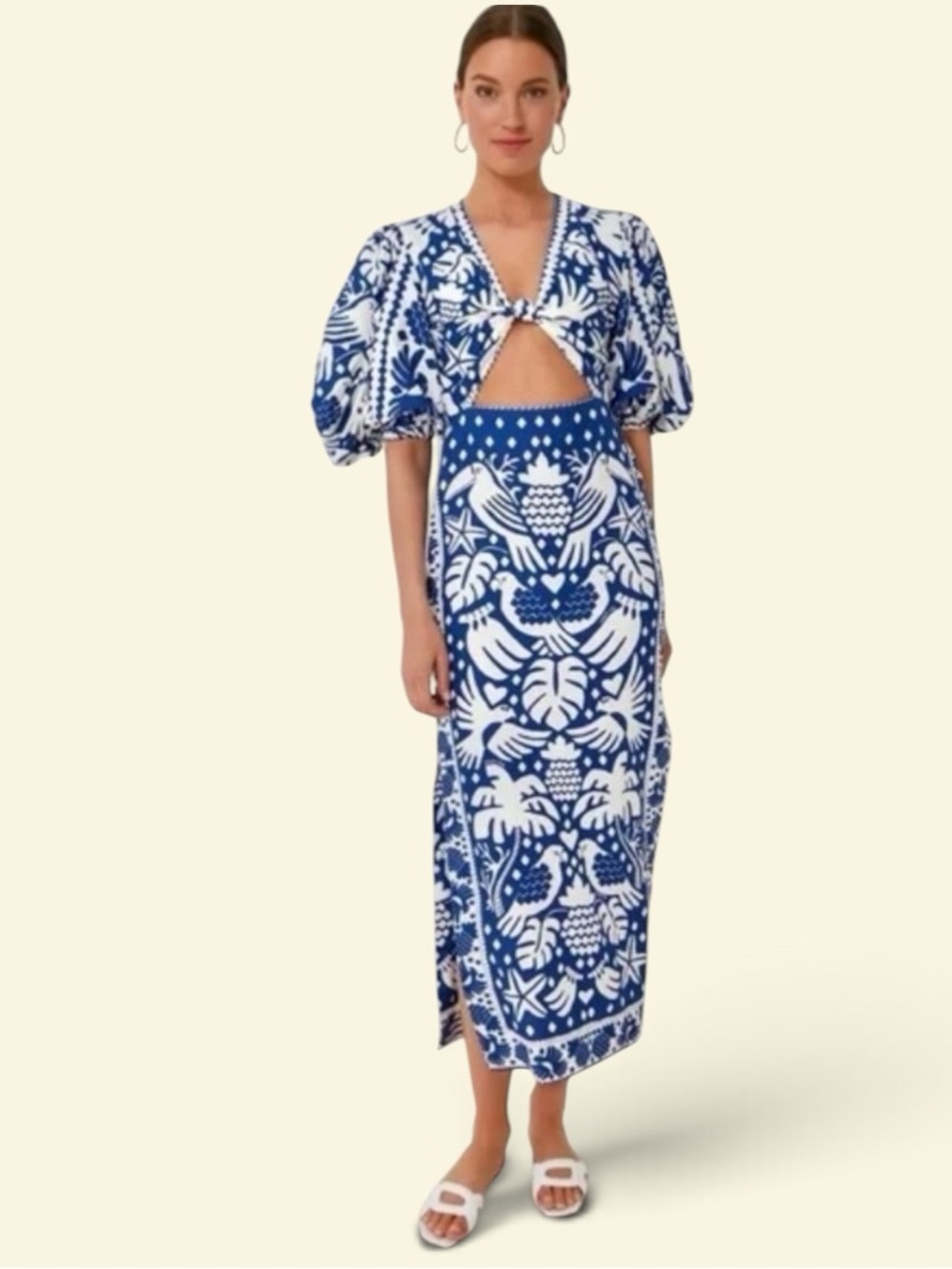 Farm Rio Jungle Scarf Puff Sleeve Cutout Linen Blend Dress In Navy Blue Size S - Picture 2 of 16